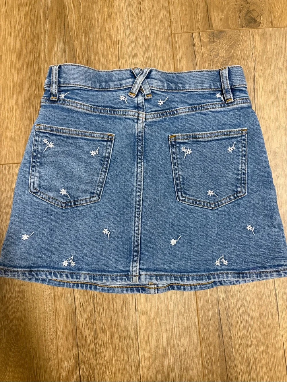 J. Crew Factory Blue Denim Mini Skirt with White Floral Embroidery
